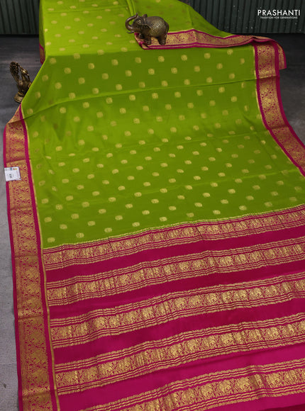 Pure mysore silk saree light green and pink with zari woven buttas and elephant zari woven border