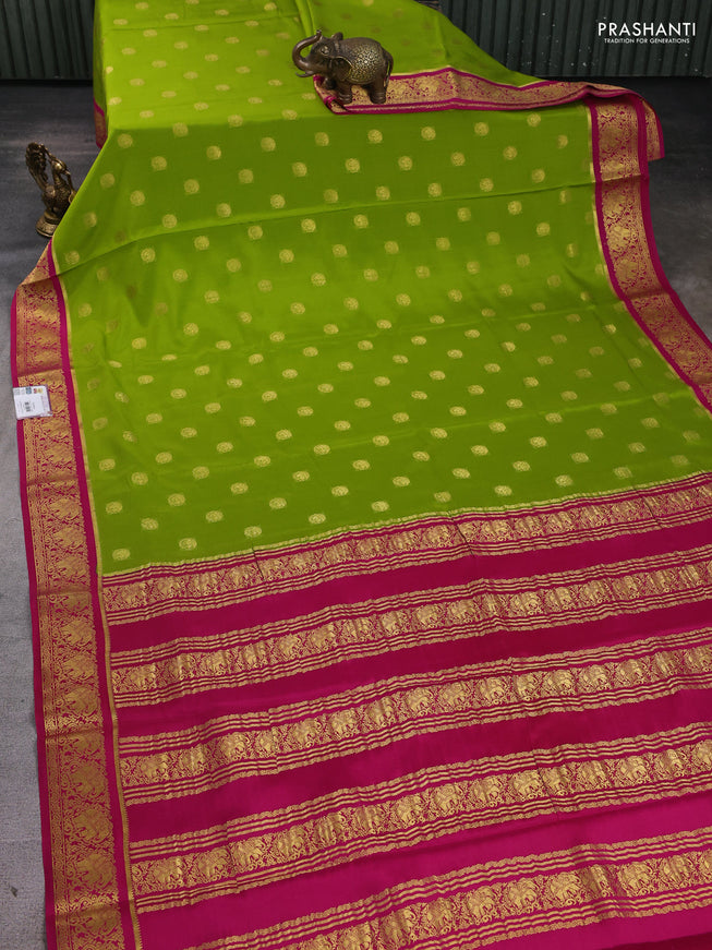 Pure mysore silk saree light green and pink with zari woven buttas and elephant zari woven border