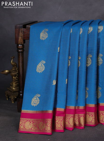 Pure mysore silk saree cs blue and pink with allover zari weaves & buttas and rettapet zari woven border