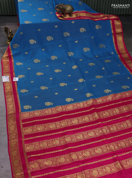 Pure mysore silk saree cs blue and pink with allover zari weaves & buttas and rettapet zari woven border