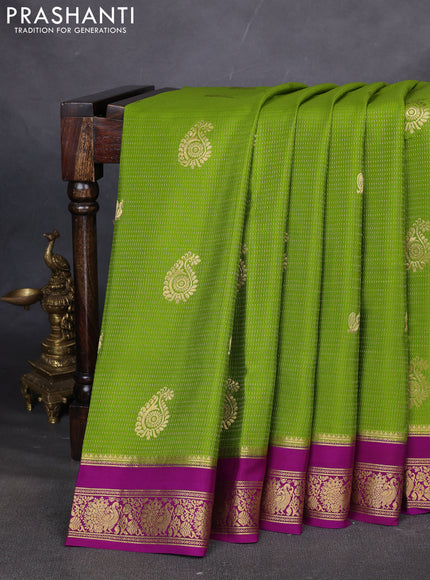 Pure mysore silk saree mehendi green and purple with allover zari weaves & buttas and rettapet zari woven border