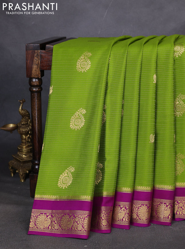 Pure mysore silk saree mehendi green and purple with allover zari weaves & buttas and rettapet zari woven border