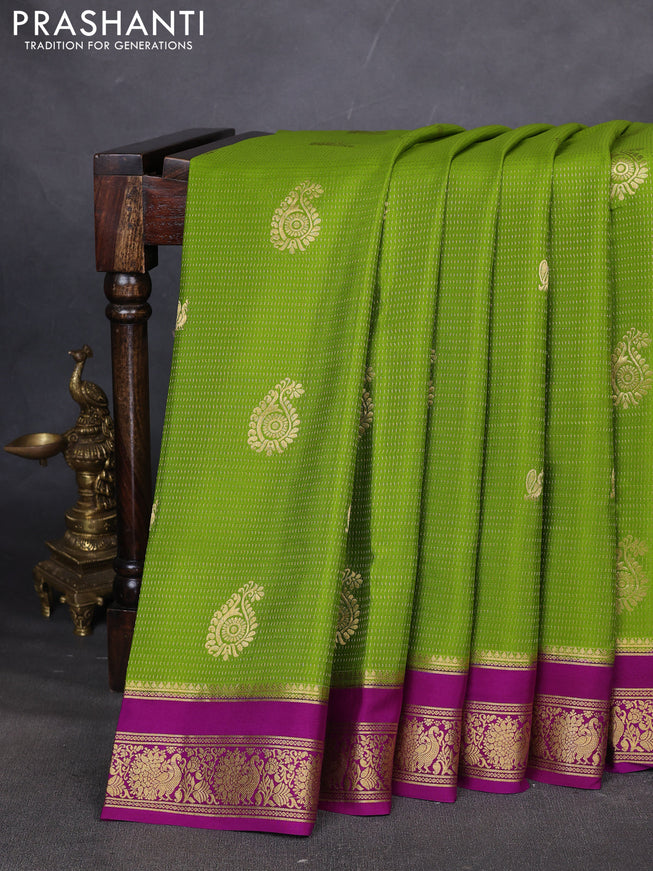 Pure mysore silk saree mehendi green and purple with allover zari weaves & buttas and rettapet zari woven border