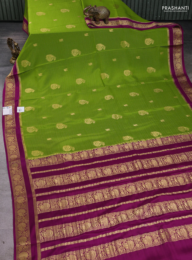 Pure mysore silk saree mehendi green and purple with allover zari weaves & buttas and rettapet zari woven border