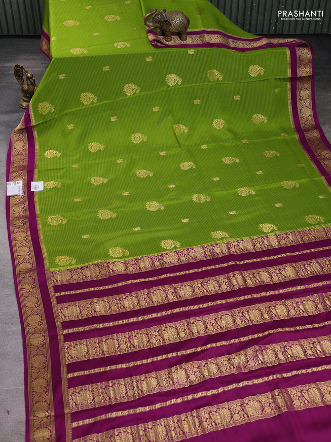 Pure mysore silk saree mehendi green and purple with allover zari weaves & buttas and rettapet zari woven border