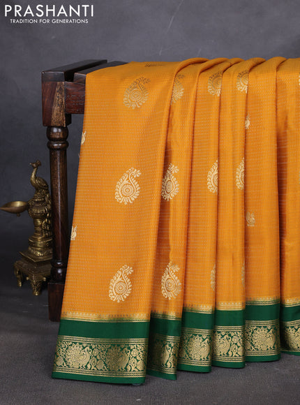 Pure mysore silk saree mustard yellow and green with allover zari weaves & buttas and rettapet zari woven border