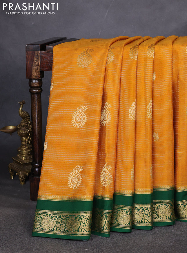 Pure mysore silk saree mustard yellow and green with allover zari weaves & buttas and rettapet zari woven border