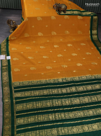 Pure mysore silk saree mustard yellow and green with allover zari weaves & buttas and rettapet zari woven border