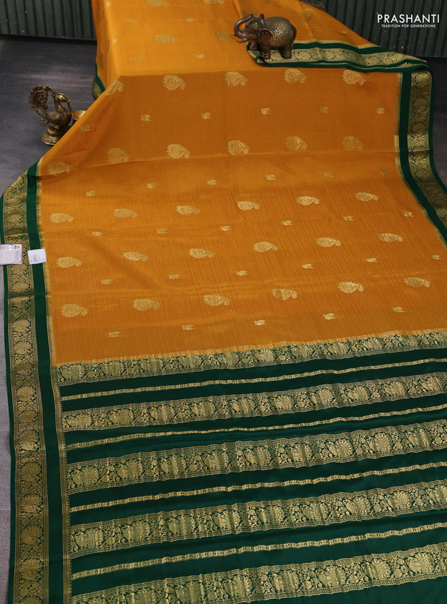 Pure mysore silk saree mustard yellow and green with allover zari weaves & buttas and rettapet zari woven border