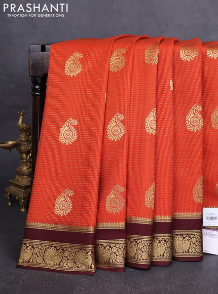 Pure mysore silk saree rustic orange and coffee brown with allover zari weaves & buttas and rettapet zari woven border