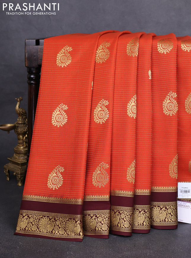 Pure mysore silk saree rustic orange and coffee brown with allover zari weaves & buttas and rettapet zari woven border
