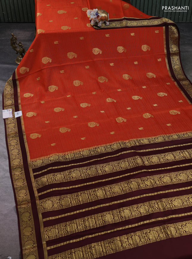 Pure mysore silk saree rustic orange and coffee brown with allover zari weaves & buttas and rettapet zari woven border