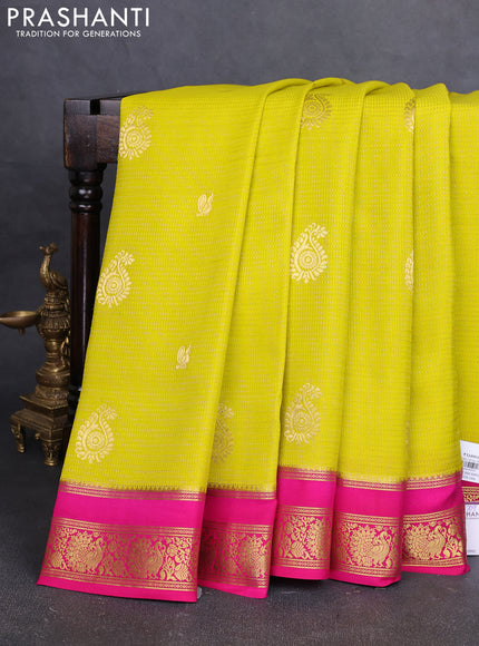 Pure mysore silk saree lime yellow and pink with allover zari weaves & buttas and rettapet zari woven border