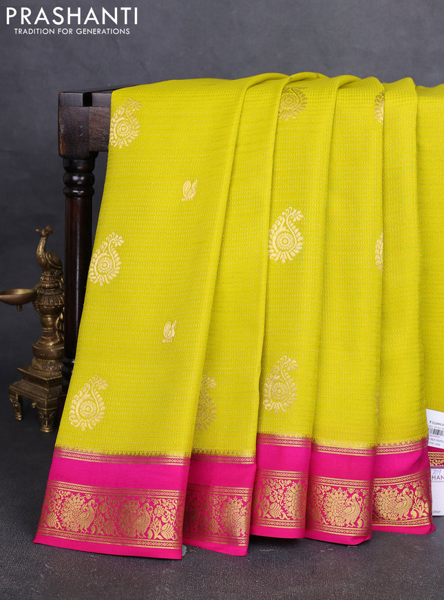 Pure mysore silk saree lime yellow and pink with allover zari weaves & buttas and rettapet zari woven border