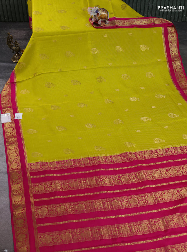 Pure mysore silk saree lime yellow and pink with allover zari weaves & buttas and rettapet zari woven border