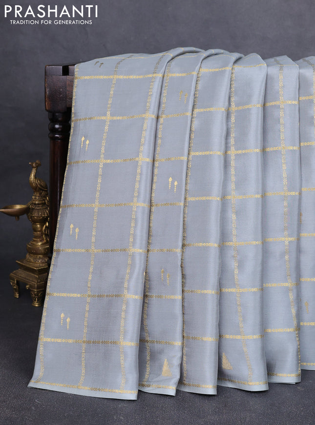Pure mysore silk saree pastel blue shade and royal blue with allover zari checks & buttas in borderless style