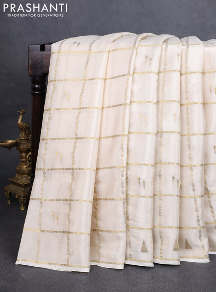 Pure mysore silk saree cream and coffee brown with allover zari checks & buttas in borderless style