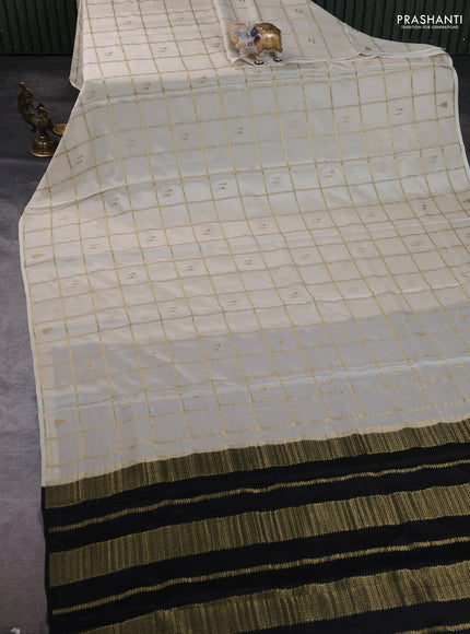 Pure mysore silk saree cream and coffee brown with allover zari checks & buttas in borderless style