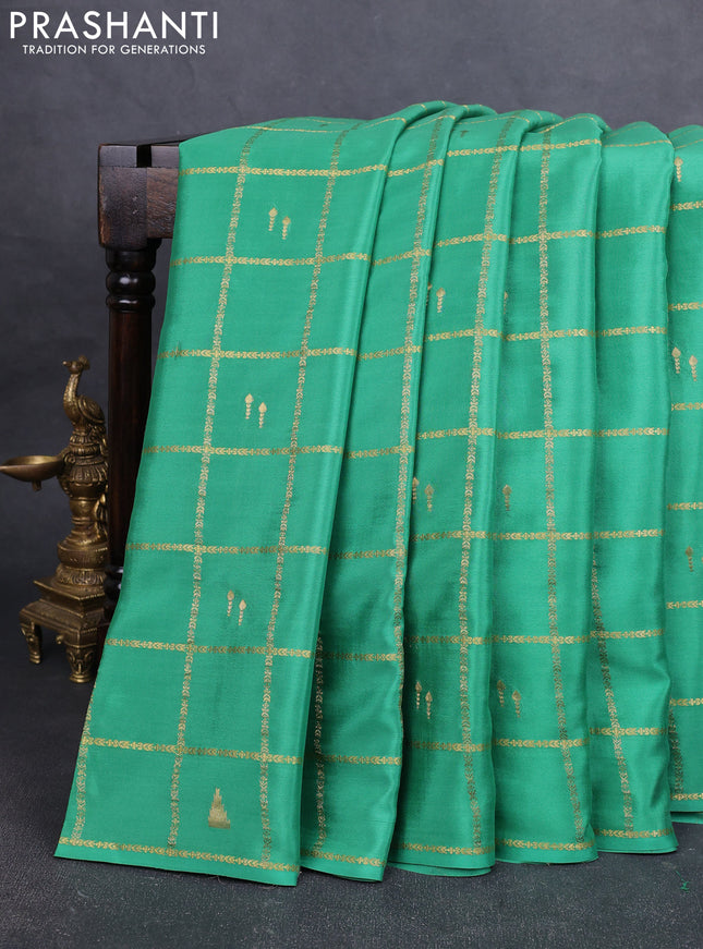Pure mysore silk saree pastel green and purple with allover zari checks & buttas in borderless style