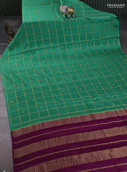 Pure mysore silk saree pastel green and purple with allover zari checks & buttas in borderless style