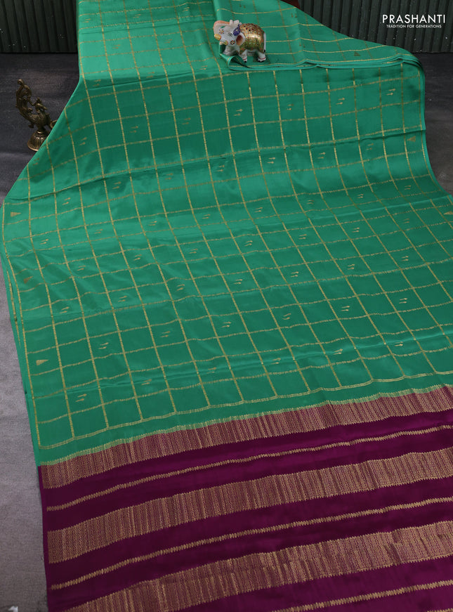 Pure mysore silk saree pastel green and purple with allover zari checks & buttas in borderless style