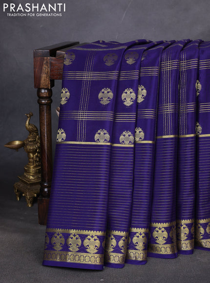 Pure mysore silk saree dark blue with allover zari stripe pattern and zari woven border