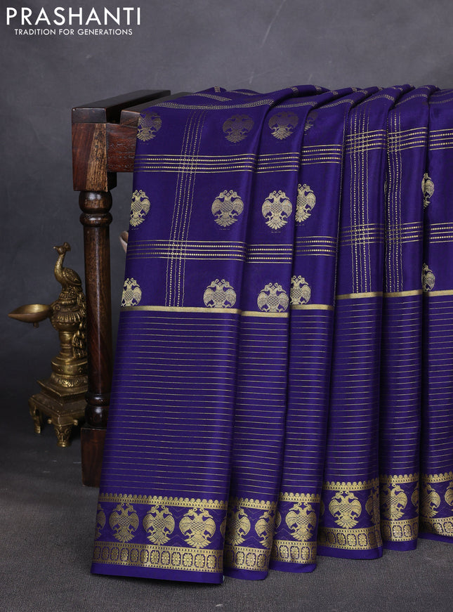 Pure mysore silk saree dark blue with allover zari stripe pattern and zari woven border