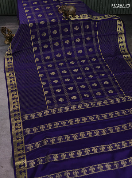 Pure mysore silk saree dark blue with allover zari stripe pattern and zari woven border