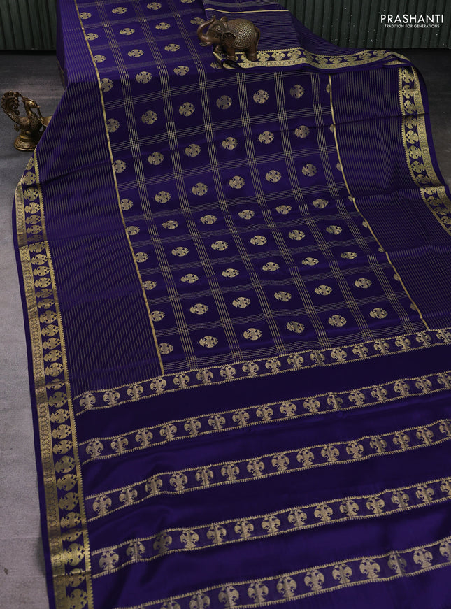 Pure mysore silk saree dark blue with allover zari stripe pattern and zari woven border