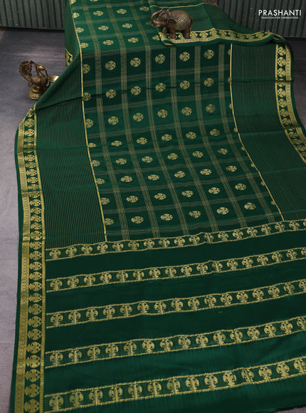 Pure mysore silk saree bottle green with allover zari stripe pattern and zari woven border