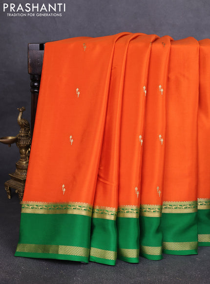 Pure mysore silk saree orange and green with zari woven buttas and rettapet zari woven border