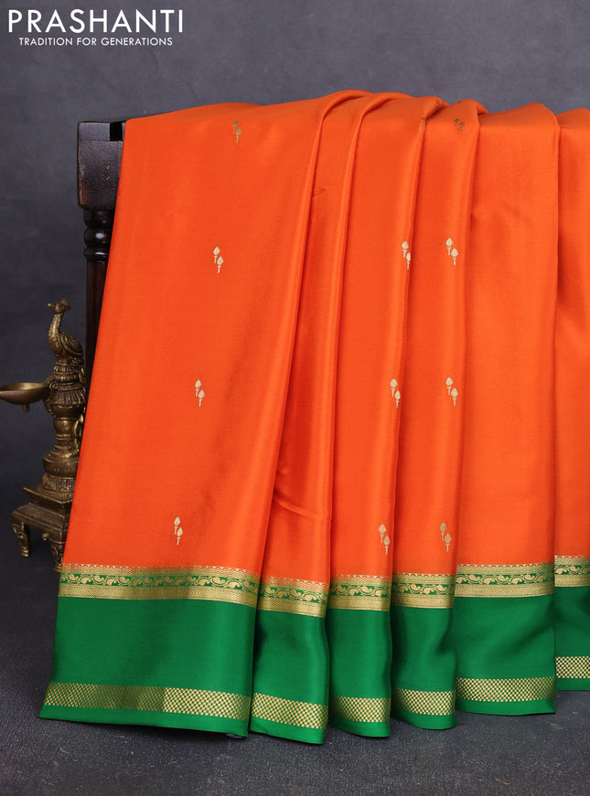 Pure mysore silk saree orange and green with zari woven buttas and rettapet zari woven border
