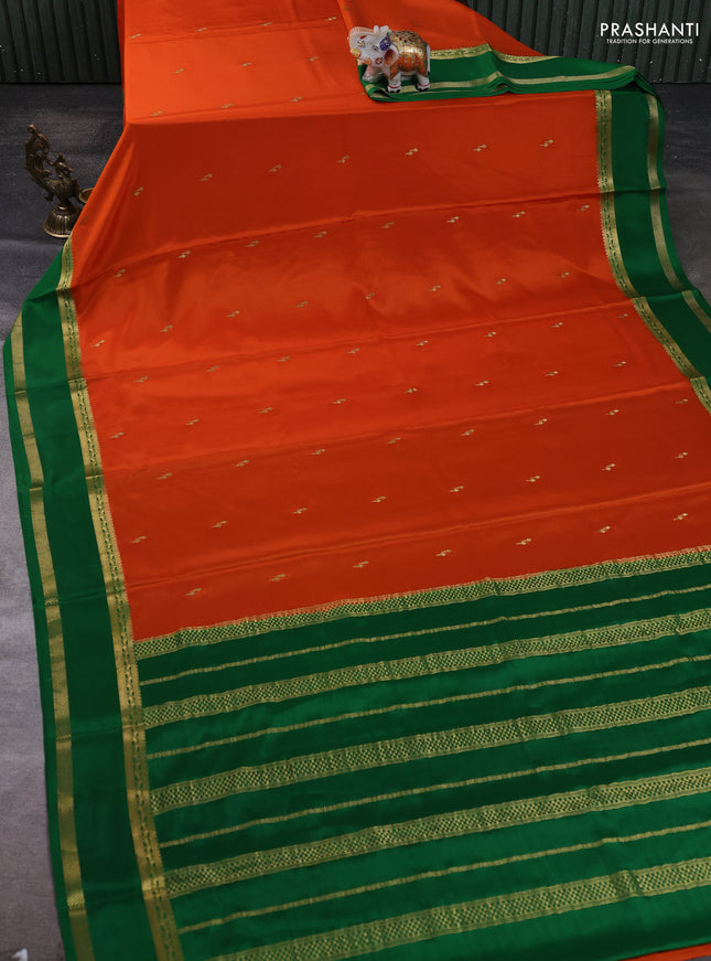 Pure mysore silk saree orange and green with zari woven buttas and rettapet zari woven border