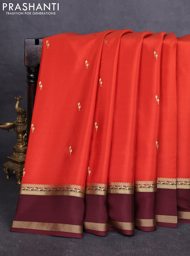 Pure mysore silk saree rustic orange and coffee brown with zari woven buttas and rettapet zari woven border