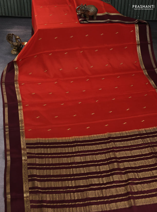 Pure mysore silk saree rustic orange and coffee brown with zari woven buttas and rettapet zari woven border