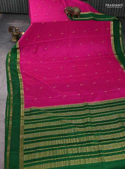 Pure mysore silk saree pink and green with zari woven buttas and rettapet zari woven border