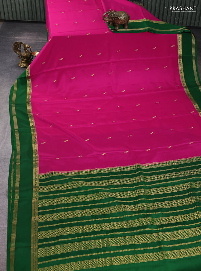 Pure mysore silk saree pink and green with zari woven buttas and rettapet zari woven border