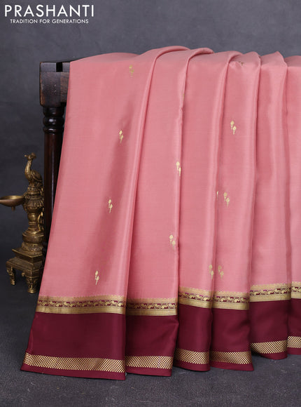 Pure mysore silk saree pastel peach and coffee brown with zari woven buttas and rettapet zari woven border