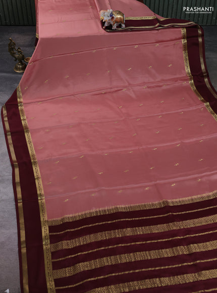 Pure mysore silk saree pastel peach and coffee brown with zari woven buttas and rettapet zari woven border