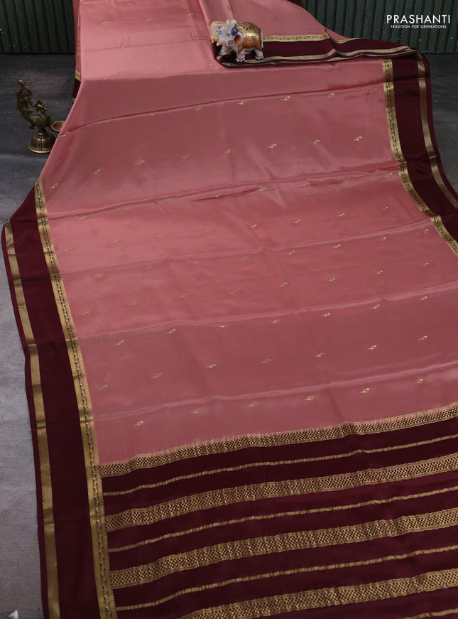 Pure mysore silk saree pastel peach and coffee brown with zari woven buttas and rettapet zari woven border