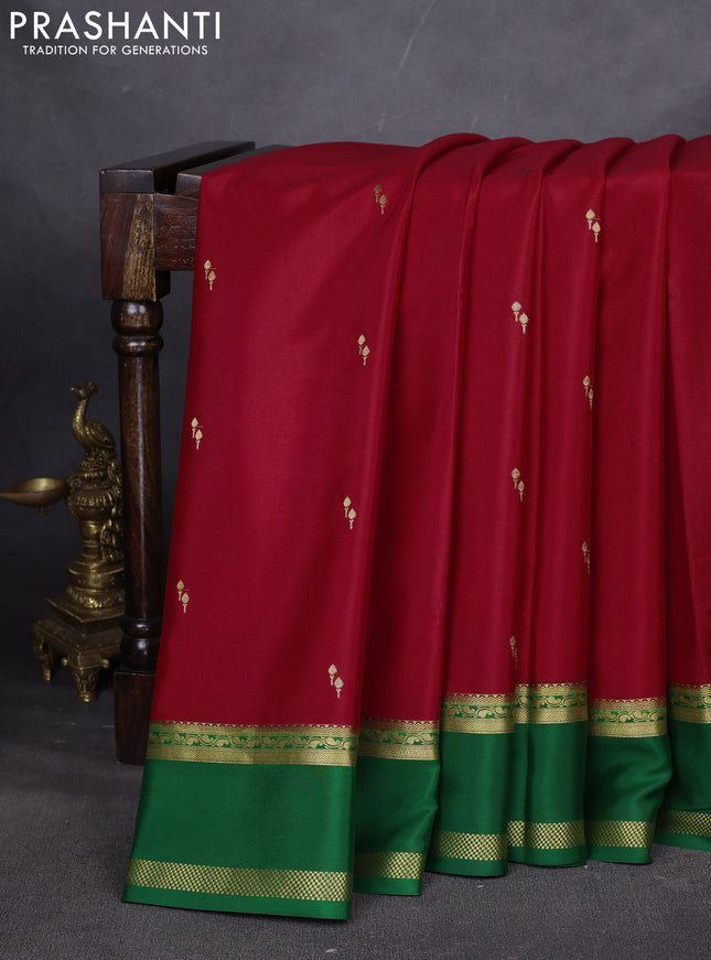 Pure mysore silk saree red and green with zari woven buttas and rettapet zari woven border