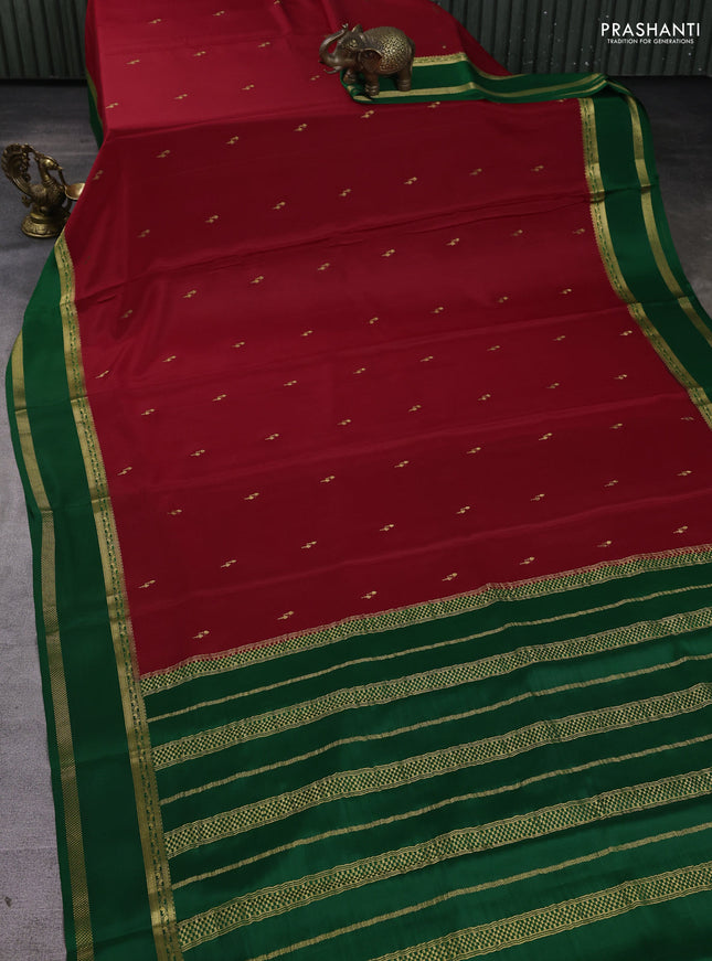 Pure mysore silk saree red and green with zari woven buttas and rettapet zari woven border