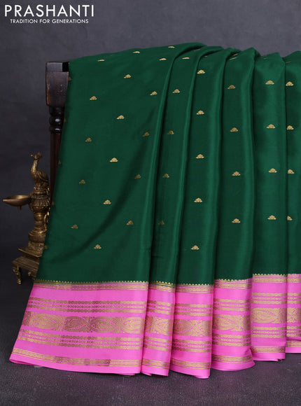 Pure mysore silk saree bottle green and light pink with zari woven buttas and zari woven border