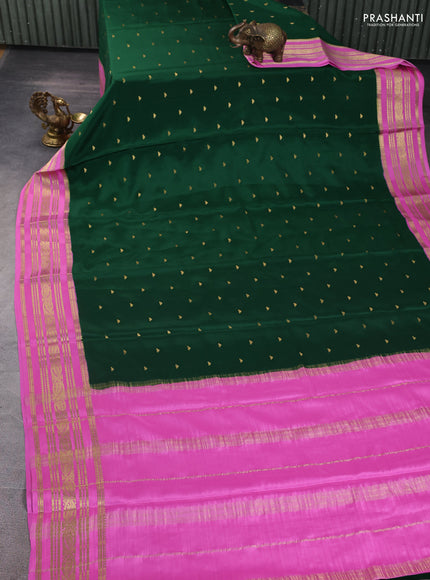 Pure mysore silk saree bottle green and light pink with zari woven buttas and zari woven border