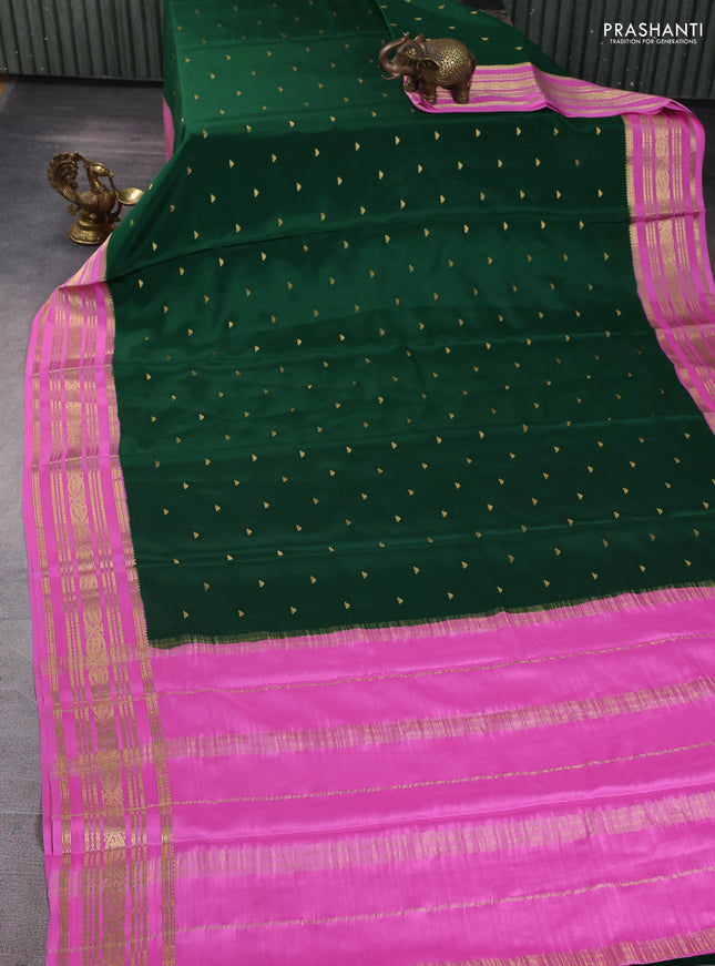 Pure mysore silk saree bottle green and light pink with zari woven buttas and zari woven border