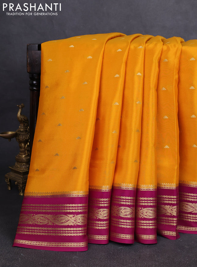 Pure mysore silk saree mango yellow and dark magenta pink with zari woven buttas and zari woven border