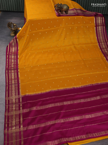 Pure mysore silk saree mango yellow and dark magenta pink with zari woven buttas and zari woven border