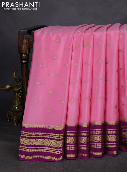 Pure mysore silk saree mild peach pink and purple with zari woven buttas and zari woven border