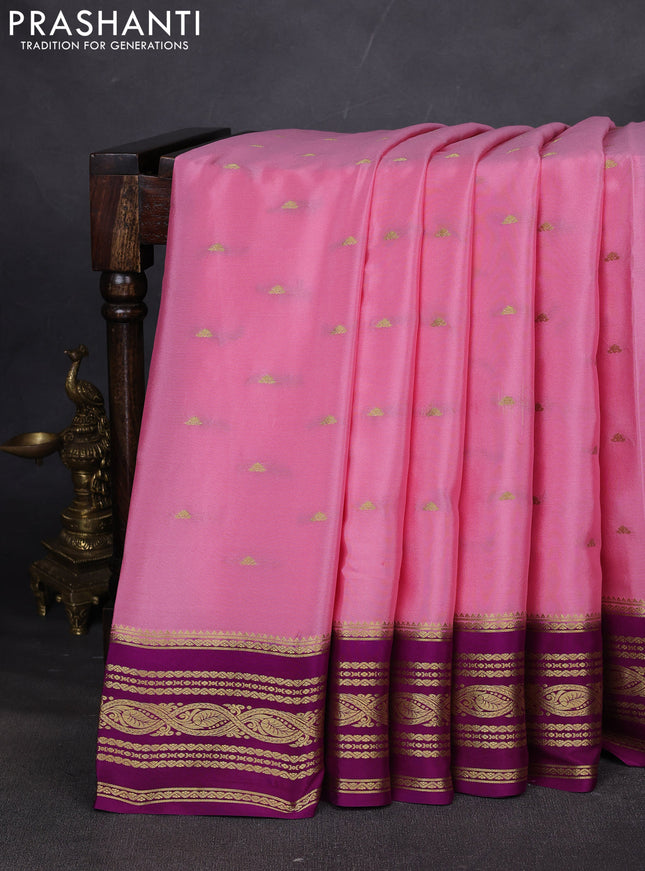 Pure mysore silk saree mild peach pink and purple with zari woven buttas and zari woven border