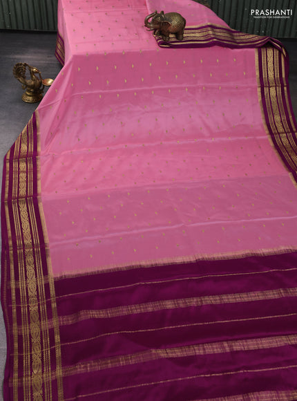 Pure mysore silk saree mild peach pink and purple with zari woven buttas and zari woven border